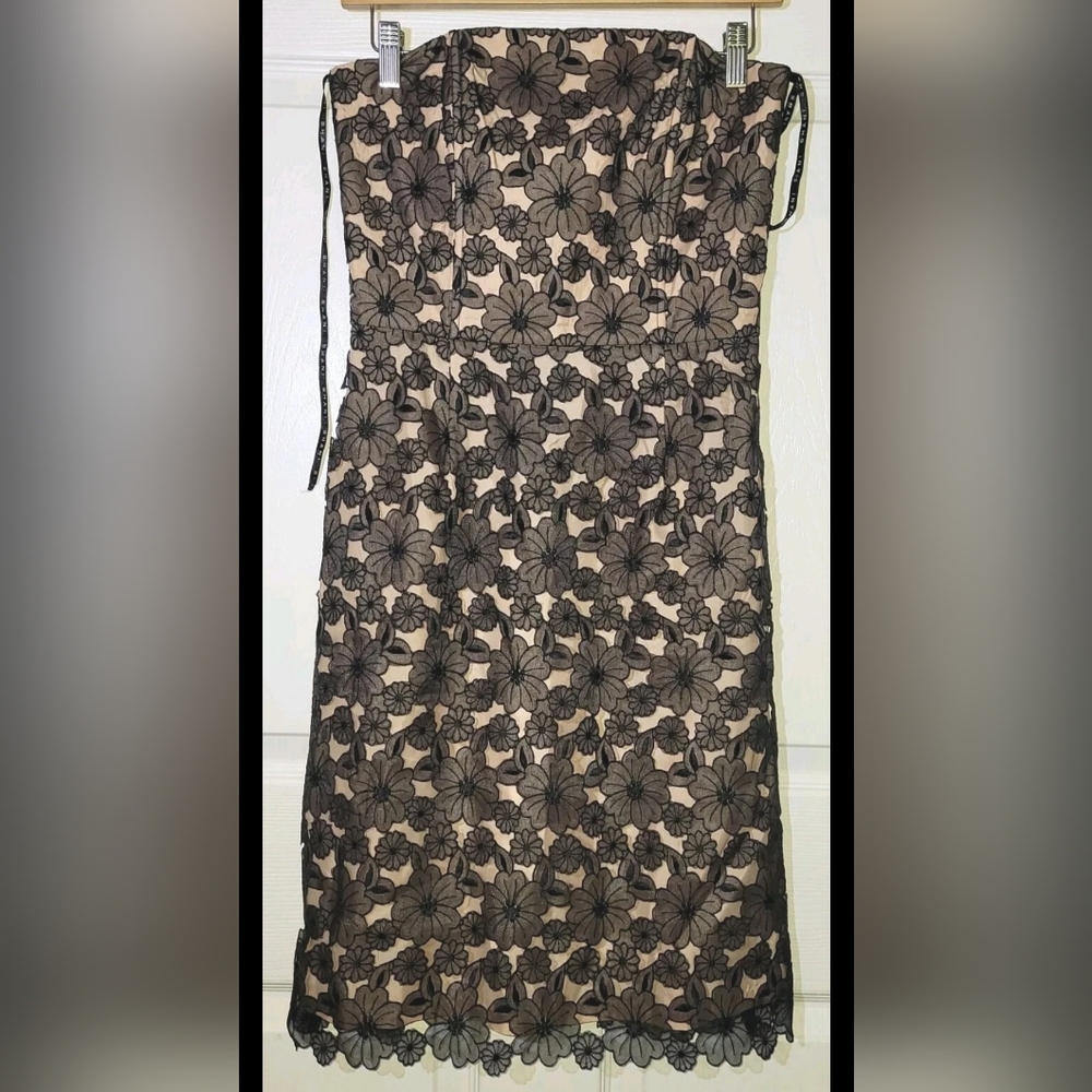 Mark Shale Black Floral Lace Nude Lined Strapless Dress Size 4